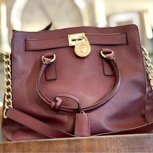 MICHAEL KORS HAMILTON BURGUNDY CLARET SAFFIANO LEATHER SATCHEL BAG